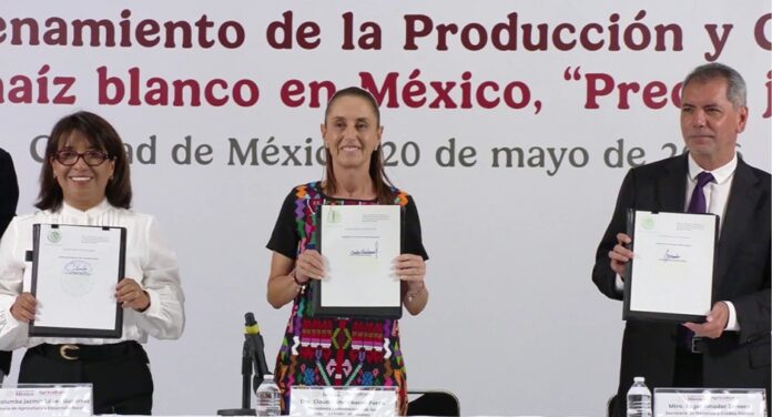 Presidenta Claudia Sheinbaum durante la firma del Pacto Nacional por Precios Justos del Maíz Blanco.