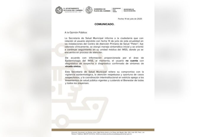 Secretaría de Salud Municipal descarta caso de viruela símica en Playa del Carmen