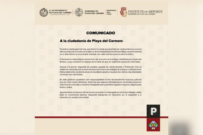 Tormenta en Playa del Carmen daña estructura en Unidad Deportiva Riviera Maya
