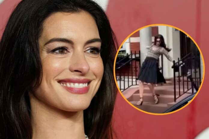 Anne Hathaway cae con estilo en el rodaje de 