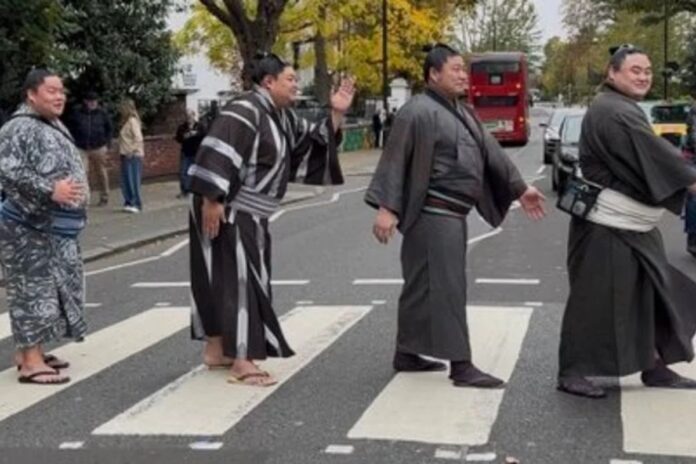 Sumo en Abbey Road: Luchadores gigantes recrean fotografía de The Beatles antes de conquistar Londres
