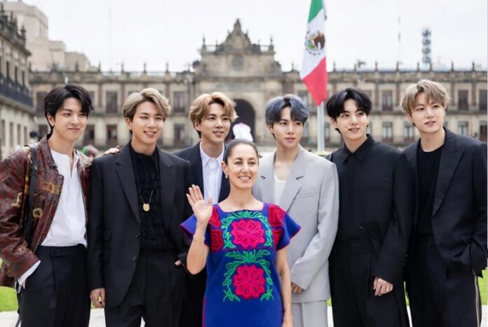 Presidenta Sheinbaum junto a BTS en encuentro oficial (imagen generada)