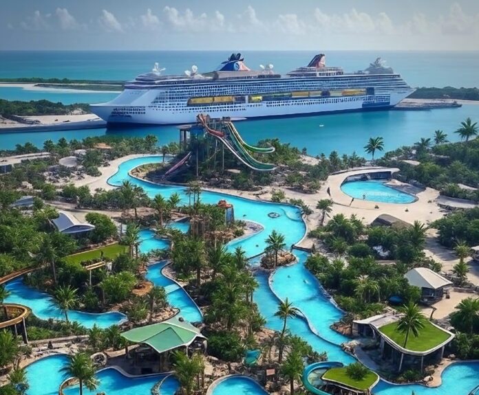Render 3D del megaparque Perfect Day de Royal Caribbean en Mahahual, Quintana Roo, mostrando piscinas, atracciones acuáticas y áreas verdes junto al mar Caribe.