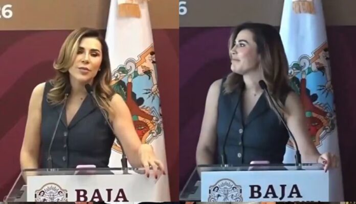 Imagen dividida que muestra el instante preciso en que se fue la luz durante la conferencia de Marina del Pilar Ávila Olmeda en el Palacio de Gobierno de Mexicali