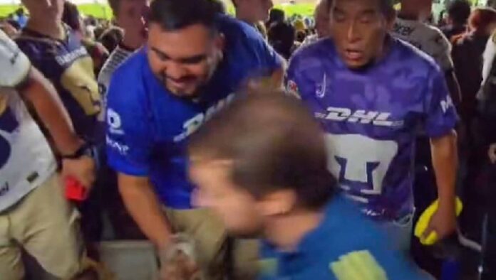 Aficionado de Pumas es retirado por seguridad del Estadio Olímpico Universitario tras lanzar cerveza a directivo del América en el Clásico Capitalino del Clausura 2026.