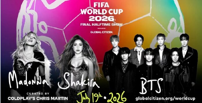 Póster oficial del show de medio tiempo de la Final del Mundial 2026 con Madonna, Shakira y BTS. Imagen promocional con los tres artistas principales y la fecha 19 de julio de 2026