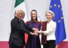 México firma Acuerdo Global Modernizado con la UE: ¿interfiere con el T-MEC? La presidenta Claudia Sheinbaum, la presidenta de la Comisión Europea Ursula von der Leyen y el presidente del Consejo Europeo António Costa, durante la firma del Acuerdo Global Modernizado entre México y la Unión Europea.