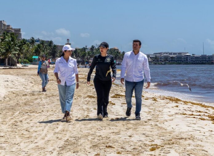 La presidenta municipal Estefanía Mercado explica en Playa Fundadores cómo la geografía influye en el recale de sargazo en Playa del Carmen.