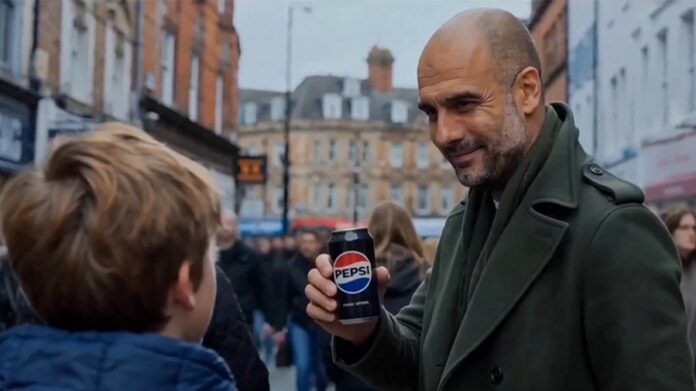 Pep Guardiola aparece caminando por una calle lluviosa de Manchester en el video viral inspirado en un falso comercial de Pepsi creado con Inteligencia Artificial.