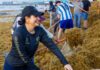 Estefanía Mercado revela que han recibido más de 700 propuestas contra el sargazo Estefanía Mercado participa en una jornada de limpieza de sargazo en una playa de Playa del Carmen, mientras trabajadores y voluntarios retiran grandes cantidades de la macroalga acumulada en la zona costera.