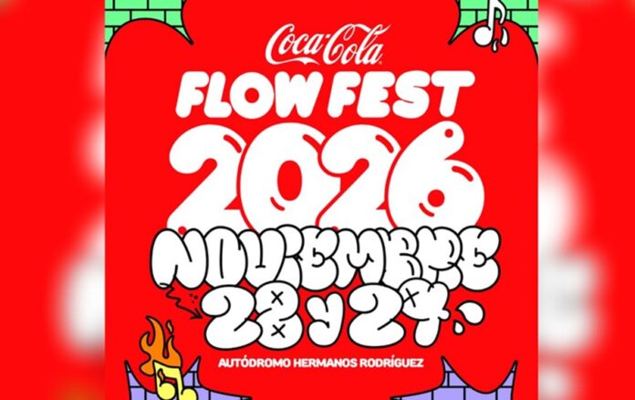 Cartel oficial del Coca-Cola Flow Fest 2026 con artistas principales del festival urbano en CDMX