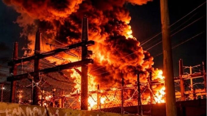 Bomberos trabajan para sofocar el incendio registrado en una instalación de la CFE en la Región 96 de Cancún durante la madrugada.