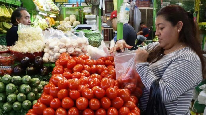 Persona compra jitomates y otros productos básicos en un mercado mexicano, mientras el aumento de precios impacta el costo de la canasta alimentaria.