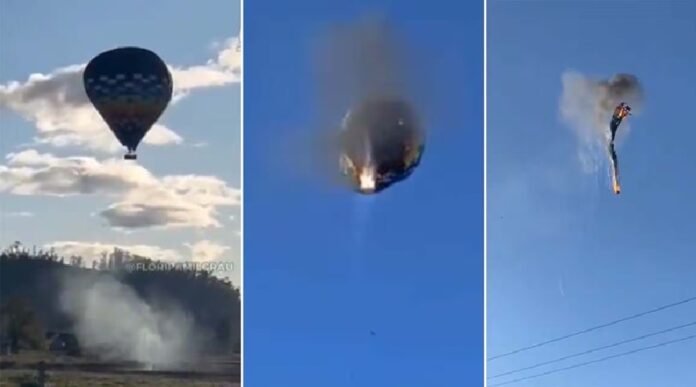 Globo aerostático envuelto en llamas durante un vuelo turístico en Praia Grande, Brasil.