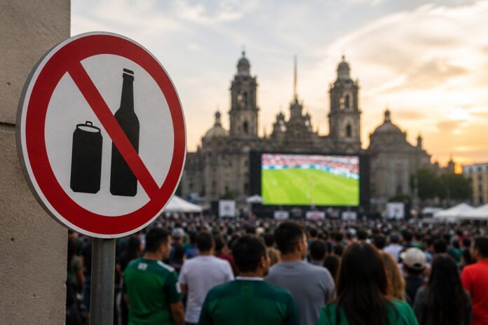 Señal de prohibición de bebidas alcohólicas frente a una multitud reunida en el Zócalo de la Ciudad de México para seguir un partido del Mundial 2026 en pantalla gigante.