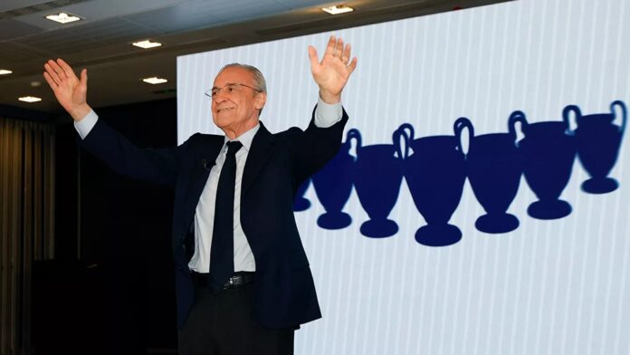 Florentino Pérez durante un acto oficial tras ser reelegido presidente del Real Madrid hasta 2030.
