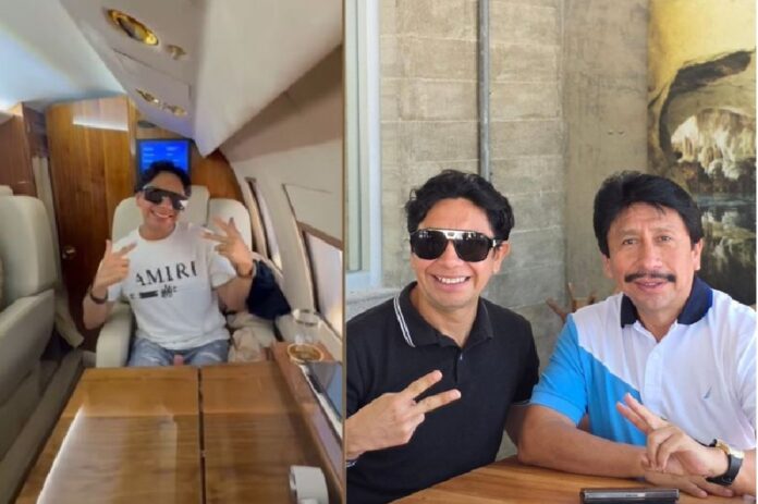 Eleazar Maas Kinil dentro de un jet privado usando playera de la marca Balenciaga