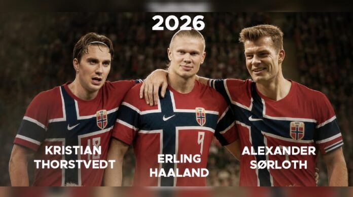 Kristian Thorstvedt, Erling Haaland y Alexander Sørloth posando juntos con la camiseta de Noruega en el Mundial 2026