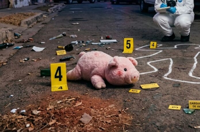 Cerdito de peluche rosa abandonado en una escena del crimen relacionada con homicidios investigados en Culiacán.