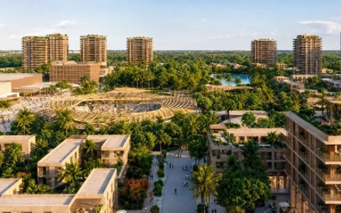 Render del futuro Distrito Financiero de Cancún, proyecto vinculado con la formación de talento especializado impulsada por la Universidad Anáhuac Cancún.