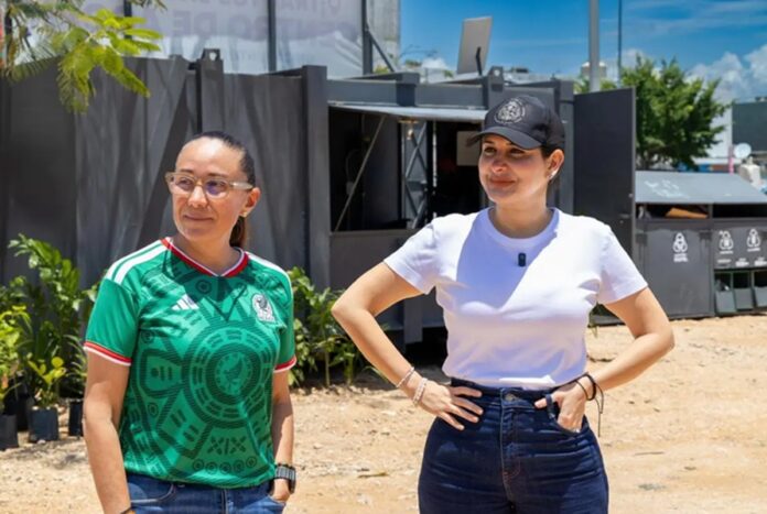 Estefanía Mercado supervisa el primer centro de acopio de cacharros instalado sobre la avenida Jacinto Pat en Playa del Carmen.