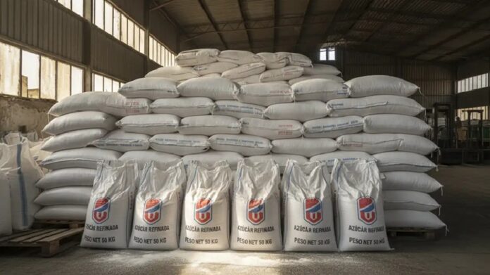 Costales de azúcar refinada apilados dentro de una bodega de almacenamiento.
