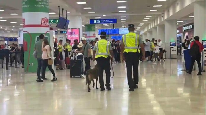 Elementos de la Guardia Nacional caminando dentro de la terminal de un aeropuerto junto a un perro entrenado.