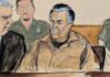 Cadena perpetua pone fin a la carrera criminal de “El Mayo” Zambada Ilustración de audiencia judicial donde Ismael “El Mayo” Zambada aparece sentado junto a sus abogados en una corte de Estados Unidos.
