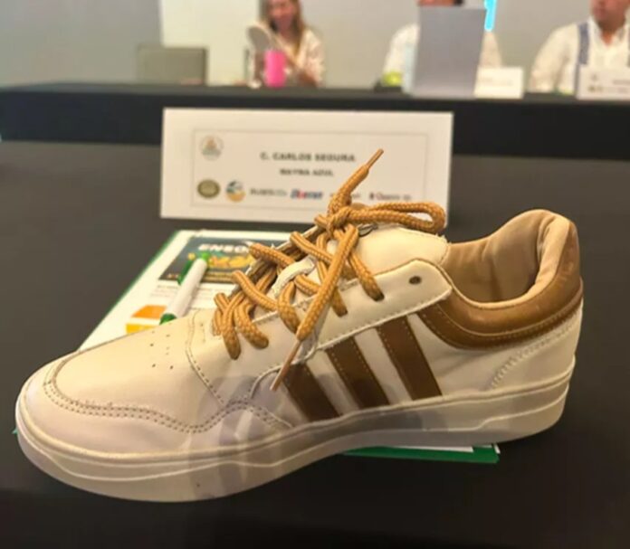 Prototipo de calzado deportivo elaborado con materiales derivados del sargazo, presentado durante la Startup World Cup en Quintana Roo.