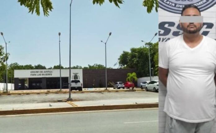 Centro de Justicia para las Mujeres y de un hombre detenido con el rostro parcialmente cubierto.