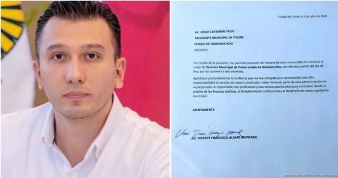 Vicente Francisco Aldape Moncada junto a la carta de renuncia presentada al Ayuntamiento de Tulum, tras su detención en el Aeropuerto Internacional de Cancún por la presunta portación de un arma de fuego.