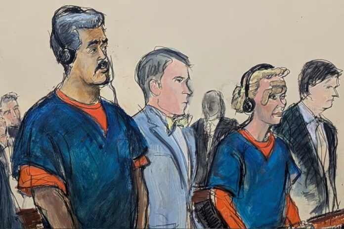 Ilustración de Nicolás Maduro durante una audiencia judicial.