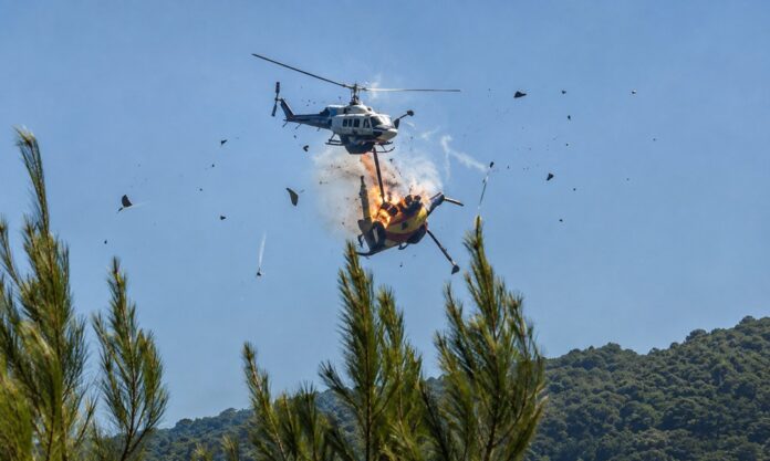 Dos helicópteros colisionan durante un operativo para combatir un incendio forestal en Grecia.